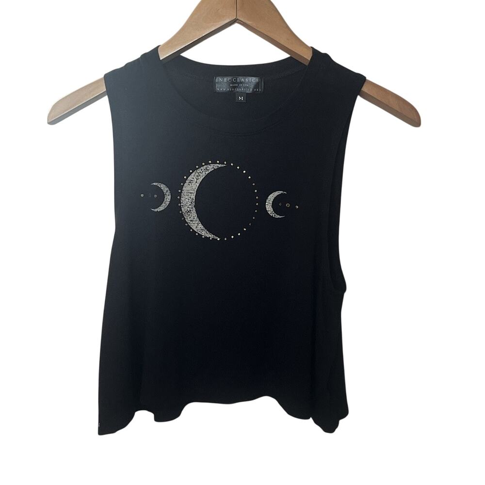 NeoClassics Graphic Crop Tank Women Sz Medium Black Cotton Blend Moon